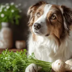 Pies z zaciekawieniem patrzy na pęczek pietruszki i pasternaku. Czy pies może jeść pietruszkę?