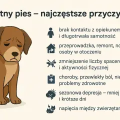 Smutny pies z opuszczonymi uszami i smutnymi oczami. Obok wymieniono przyczyny jego nastroju: samotność, zmiany, brak ruchu, choroby, depresja i konflikty.