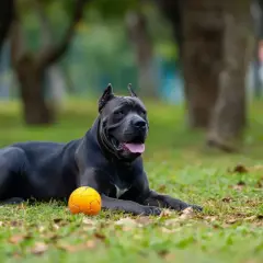 Potężny pies rasy Cane Corso leży na trawie obok pomarańczowej piłki. Czy cane corso są groźne? Ten pies wygląda na spokojnego i zrelaksowanego.