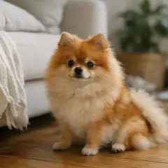 Uroczy pomeranian siedzi na drewnianej podłodze. Zastanawiasz się nad pomeranian cena?