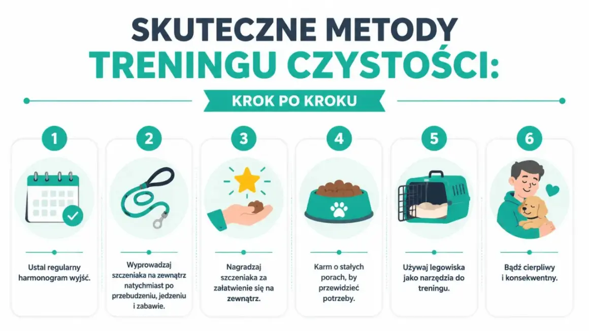 Jak oduczyć psa sikania w domu: ustal harmonogram, wyprowadzaj po przebudzeniu, nagradzaj za sukcesy na zewnątrz, karm o stałych porach, używaj legowiska i bądź cierpliwy.