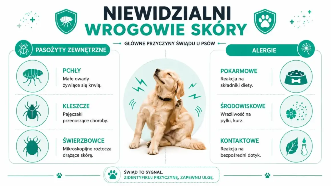 Pies drapie się z powodu pasożytów zewnętrznych (pchły, kleszcze, świerzbowce) lub alergii (pokarmowych, środowiskowych, kontaktowych).