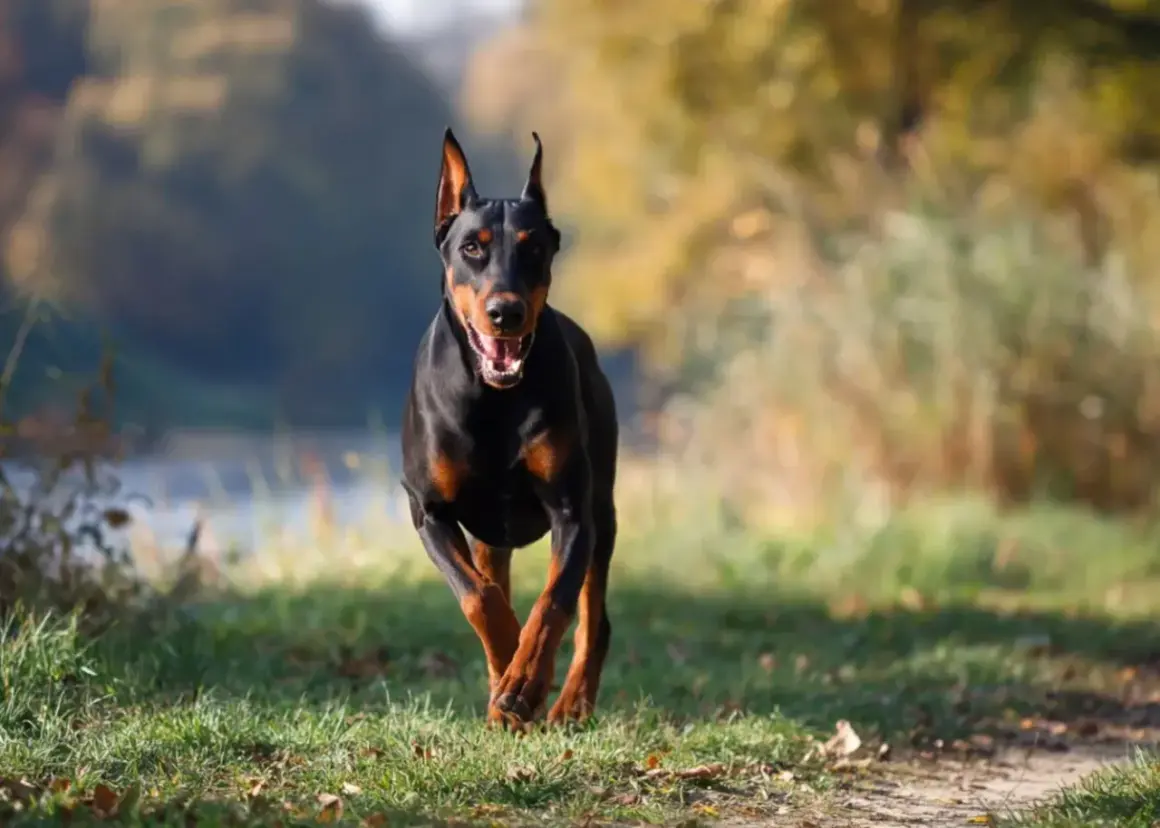 Czarny doberman biegnie przez trawiasty teren. Jego waga jest idealnie proporcjonalna do sylwetki, co widać po jego dynamicznym ruchu.