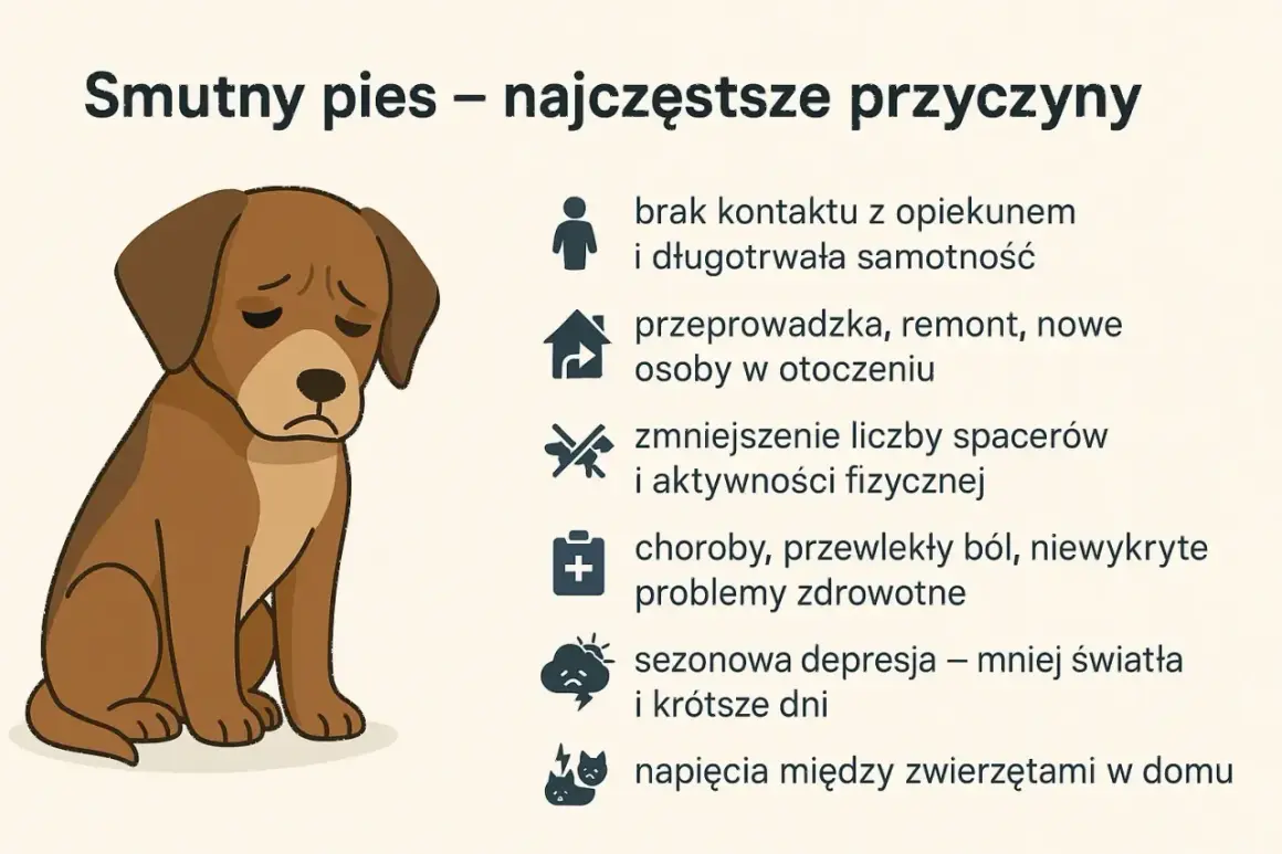 Smutny pies z opuszczonymi uszami i smutnymi oczami. Obok wymieniono przyczyny jego nastroju: samotność, zmiany, brak ruchu, choroby, depresja i konflikty.