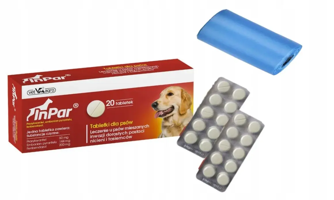 Opakowanie tabletek InPar dla psów, zawierające 20 sztuk. Dobra simparica cena to klucz do zdrowia Twojego pupila. W zestawie woreczki na odchody.