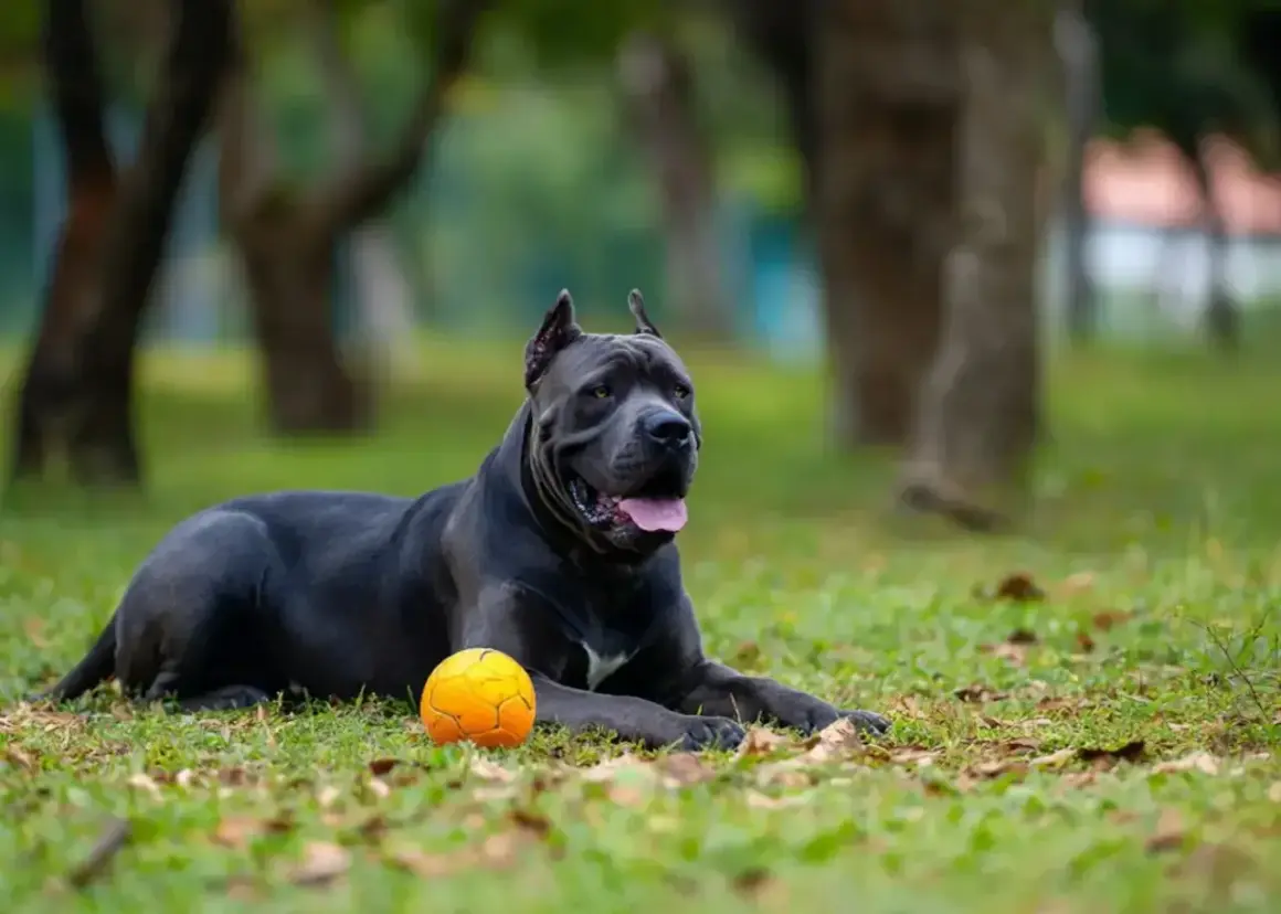 Potężny pies rasy Cane Corso leży na trawie obok pomarańczowej piłki. Czy cane corso są groźne? Ten pies wygląda na spokojnego i zrelaksowanego.
