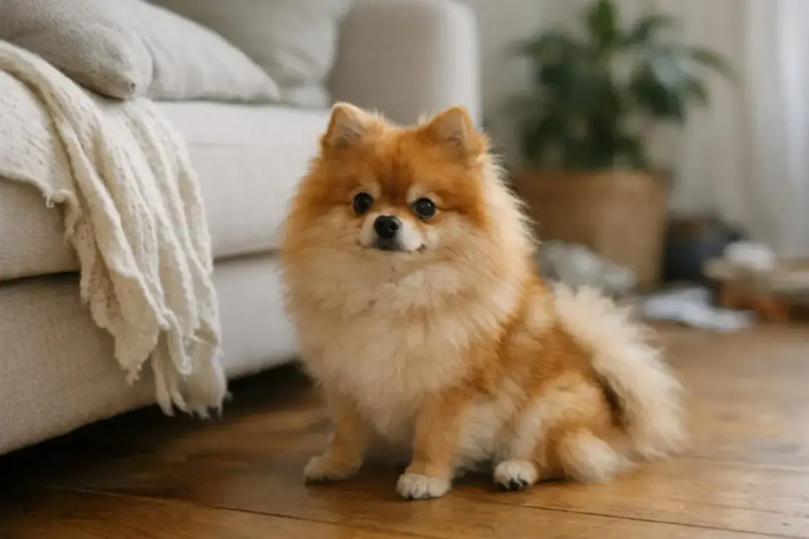 Uroczy pomeranian siedzi na drewnianej podłodze. Zastanawiasz się nad pomeranian cena?