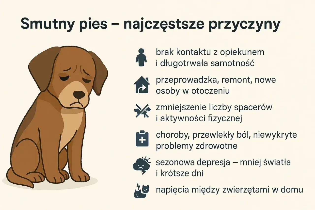 Smutny pies siedzi ze zwieszonymi uszami, jego wyraz pyska sugeruje tęsknotę. Obok wymieniono przyczyny psiego smutku: samotność, zmiany, brak ruchu, choroby, depresja.