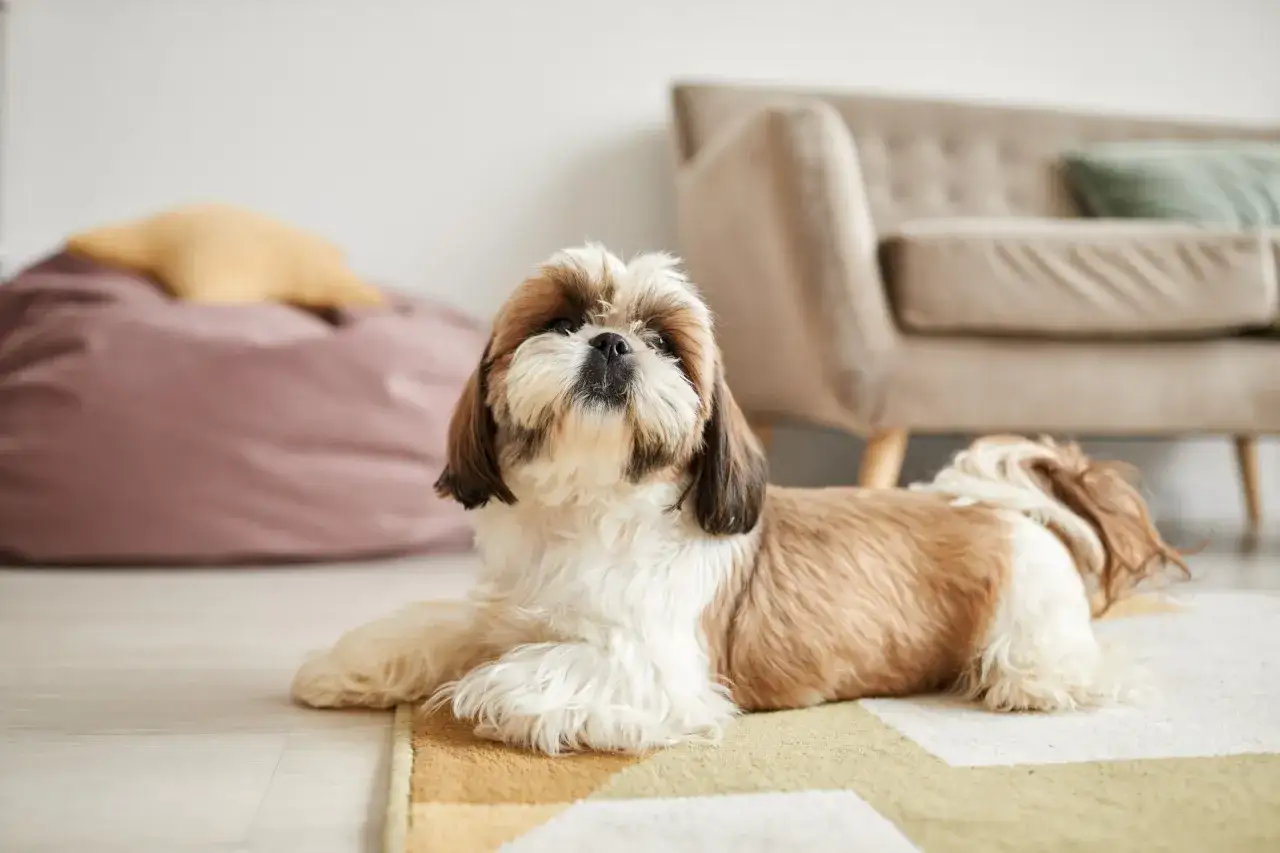 Uroczy piesek rasy Shih Tzu leży na dywanie, wygląda jakby miał lekkie puppy blues.